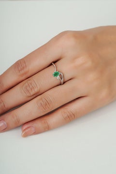 Silvorra Modern Emerald & Diamond Sleek Bypass Ring in Sterling Silver for her