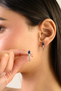 Silvorra Modern Linear Diamond Earrings in Pear Blue Sapphire Women Stud Jewelry