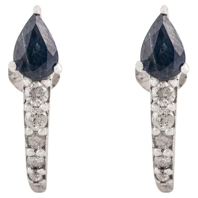 Silvorra Modern Linear Diamond Earrings in Pear Blue Sapphire Women Stud Jewelry