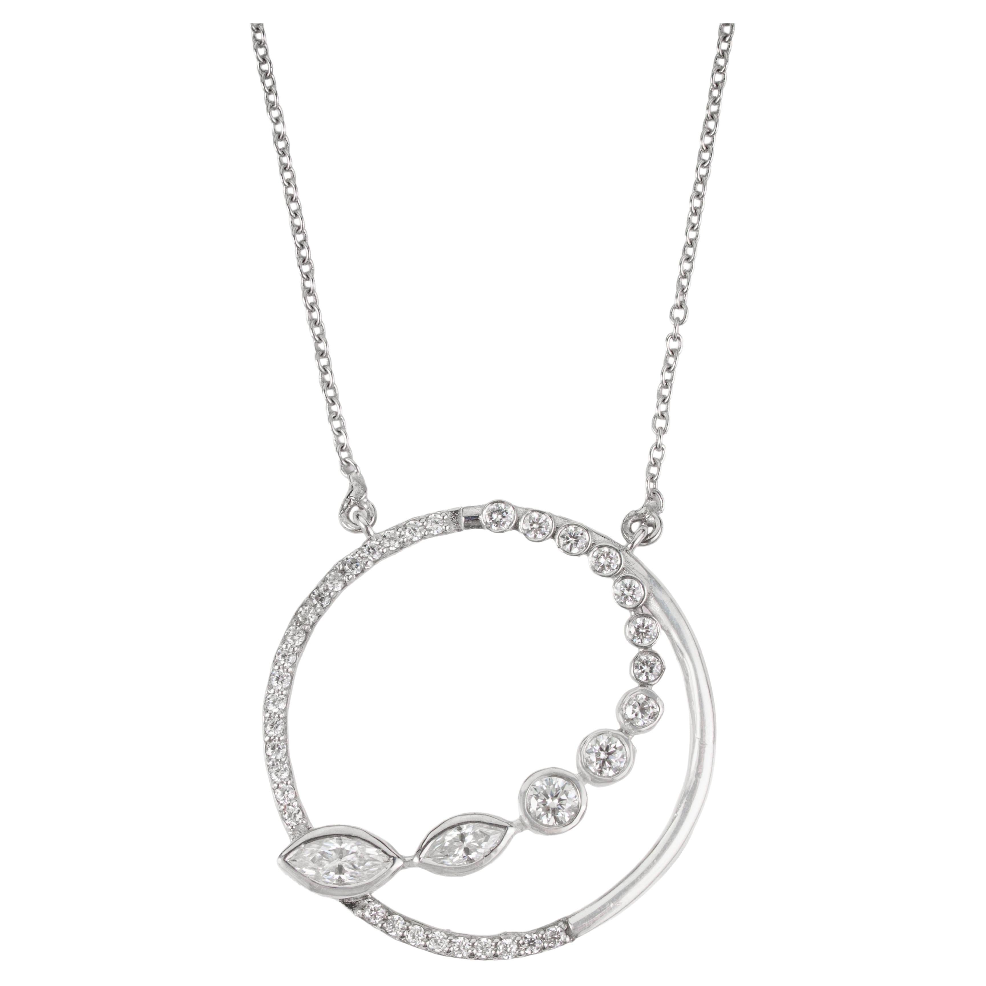 Silvorra Modern Marquise & Round Cut Moissanite Open Circle Solid Silver Pendant For Sale
