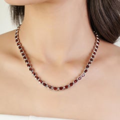 Silvorra Modern Oval Garnet Gemstone Tennis Valentine Necklace in Solid Silver