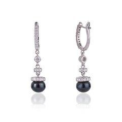 Silvorra Modern Silver Moissanite Dangle Earrings with Natural Black Pearl Drops