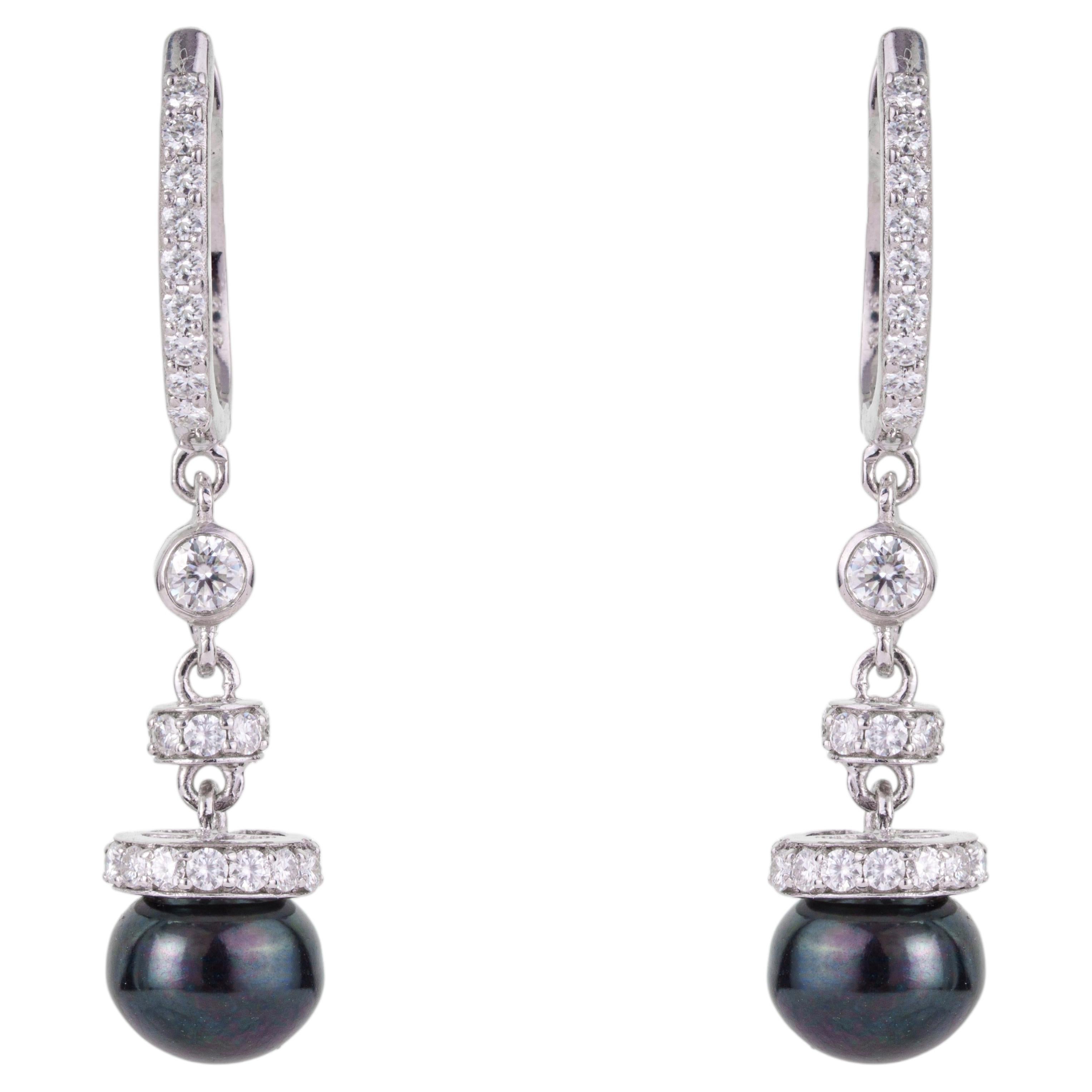 Silvorra Modern Silver Moissanite Dangle Earrings with Natural Black Pearl Drops