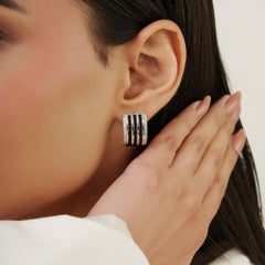 Silvorra Modern Silver Wide Bar Black Onyx Zircon Partywear Half Hoop Earrings