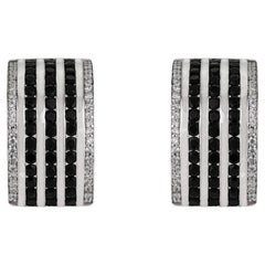 Silvorra Modern Silver Wide Bar Black Onyx Zircon Partywear Half Hoop Earrings