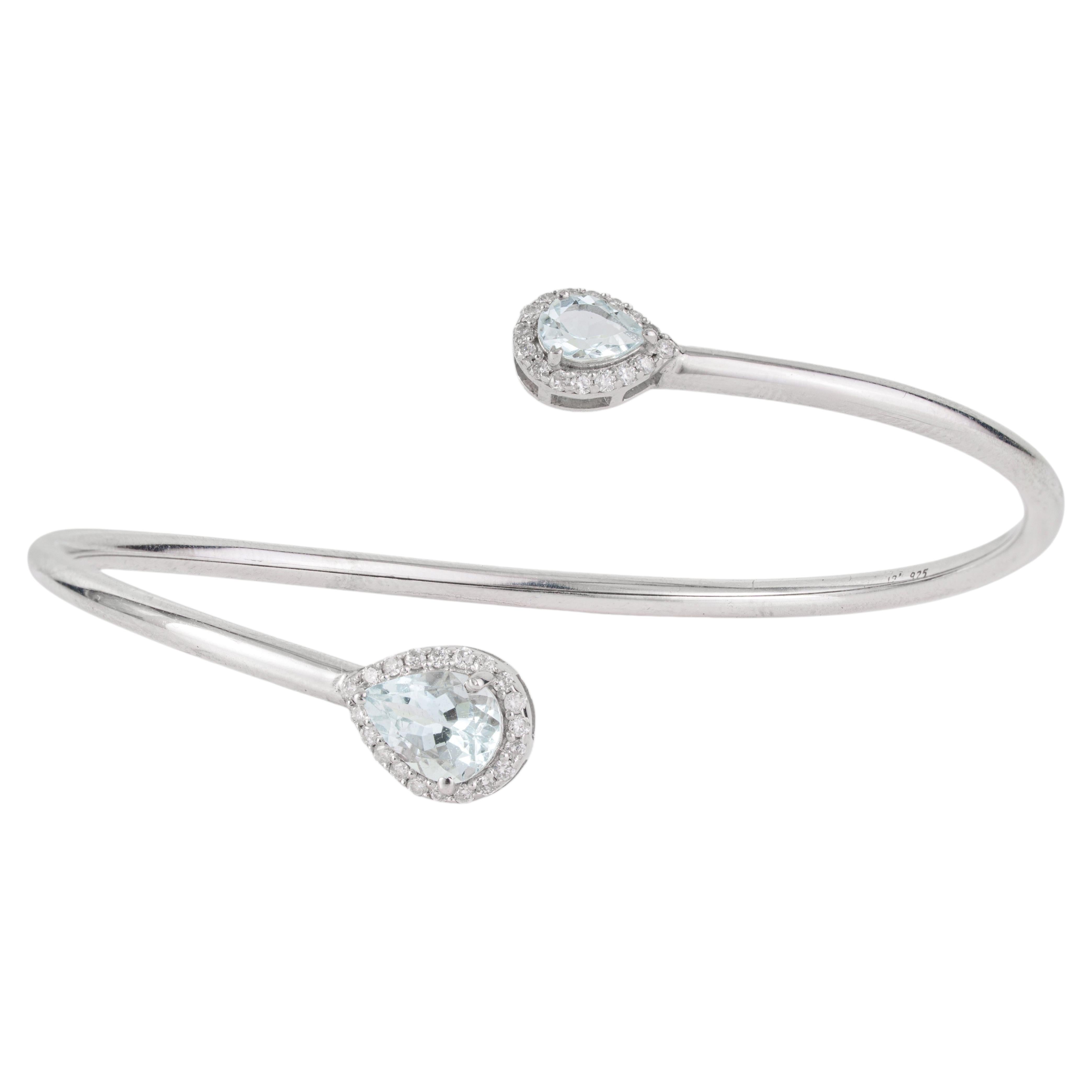 Silvorra Modern Toi et Moi Aquamarine and Diamond 925 Silver Open Cuff Bracelet