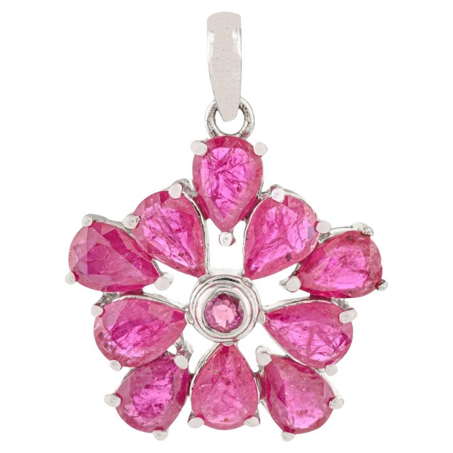 Silvorra Modernist 8.78 Carat Natural Ruby Floral Pendant in 925 Sterling Silver