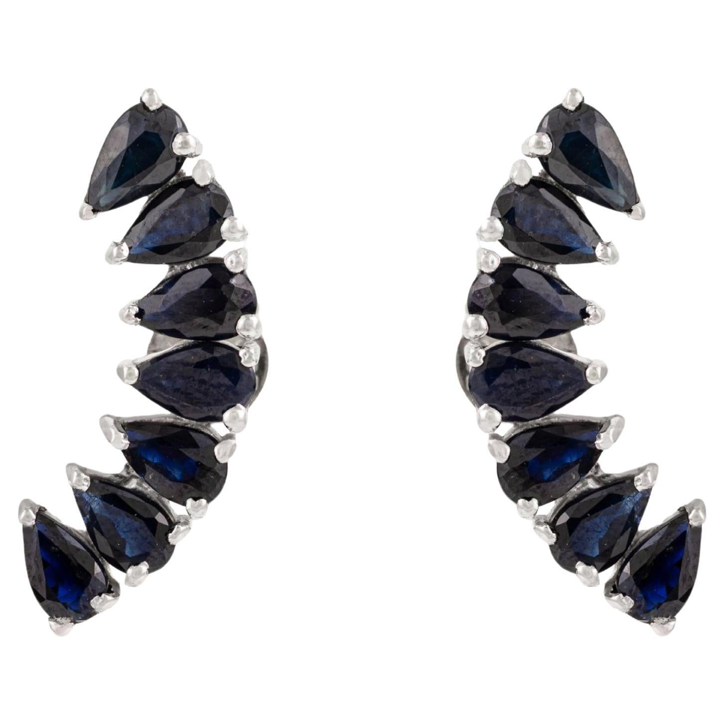 Silvorra Modernist Crescent-Shaped 925 Silver Blue Zircon Ear Crawler Earrings For Sale