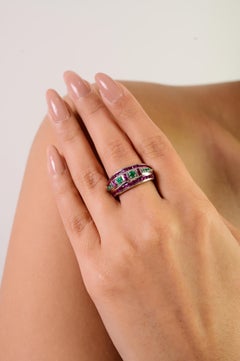 Silvorra Modernist Emerald and Ruby Channel-Set Statement Silver Christmas Ring