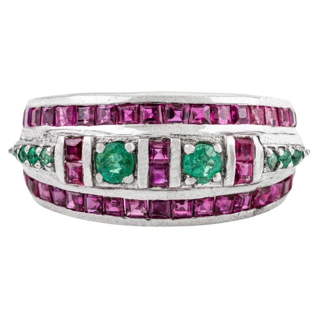Silvorra Modernist Emerald and Ruby Channel-Set Statement Silver Christmas Ring