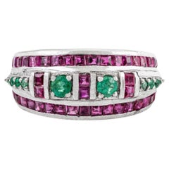 Silvorra Modernist Emerald and Ruby Channel-Set Statement Silver Christmas Ring