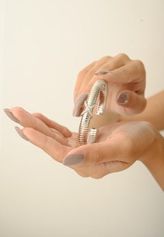 Silvorra Modernist X Motif Tubogas 925 Silver Cuff Bracelet with White Zircons