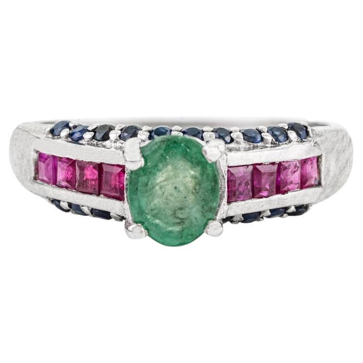 For Sale:  Silvorra Multi Colour Emerald, Ruby 
Sapphire Dome Silver Ring For Her