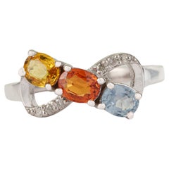 Silvorra Multi-Saphir- und Diamant-Bypass-Ring mit drei Steinen, fein, aus 925er Silber