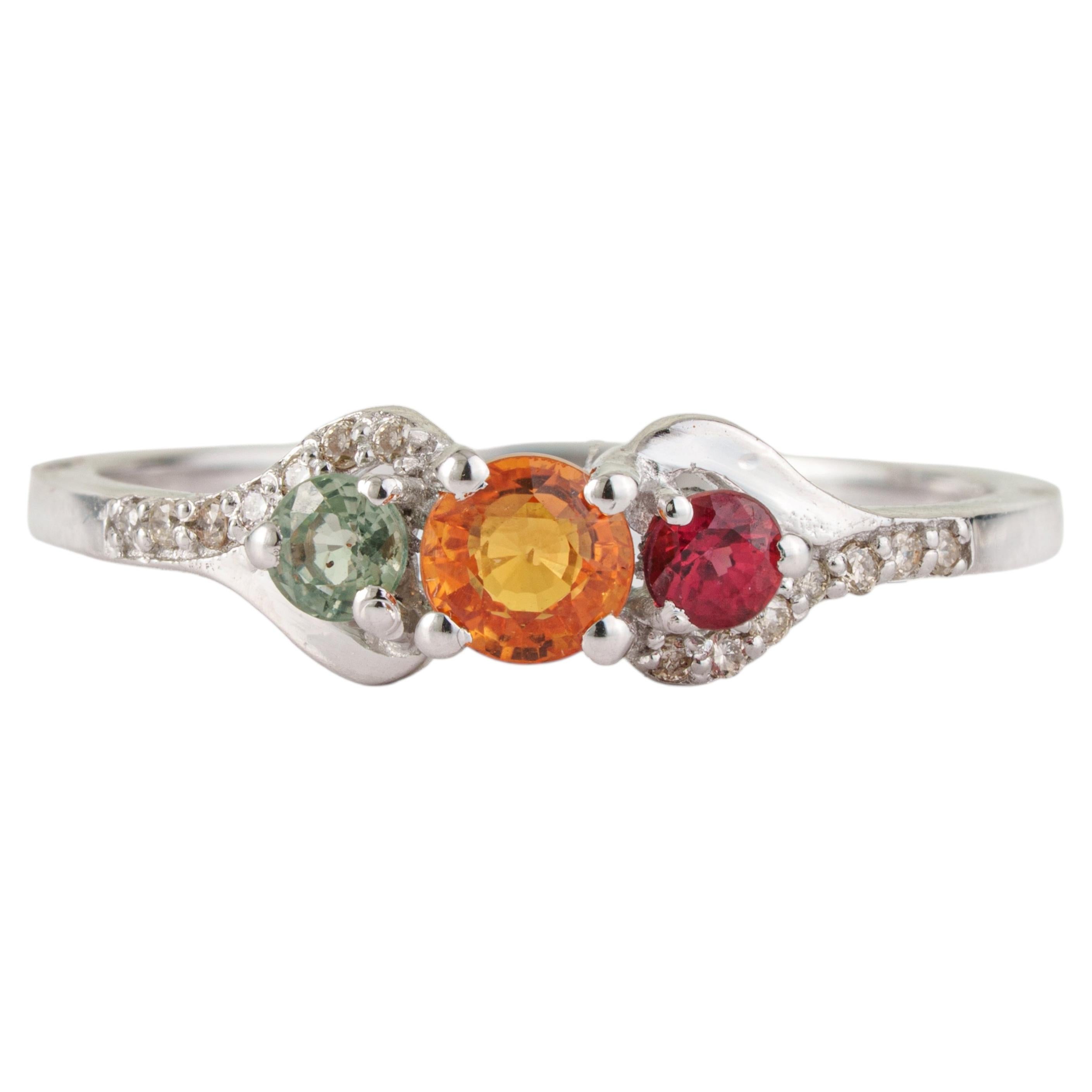 For Sale:  Silvorra Multisapphire and Diamond Stackable Three Stone Ring in Sterling Silver