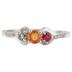Silvorra Multisapphire and Diamond Stackable Three Stone Ring in Sterling Silver