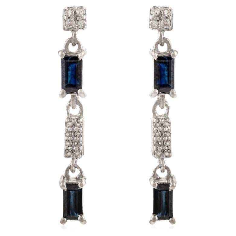 Silvorra Natural Blue Sapphire Linear Dangle Earrings in Diamond Jewelry for Her