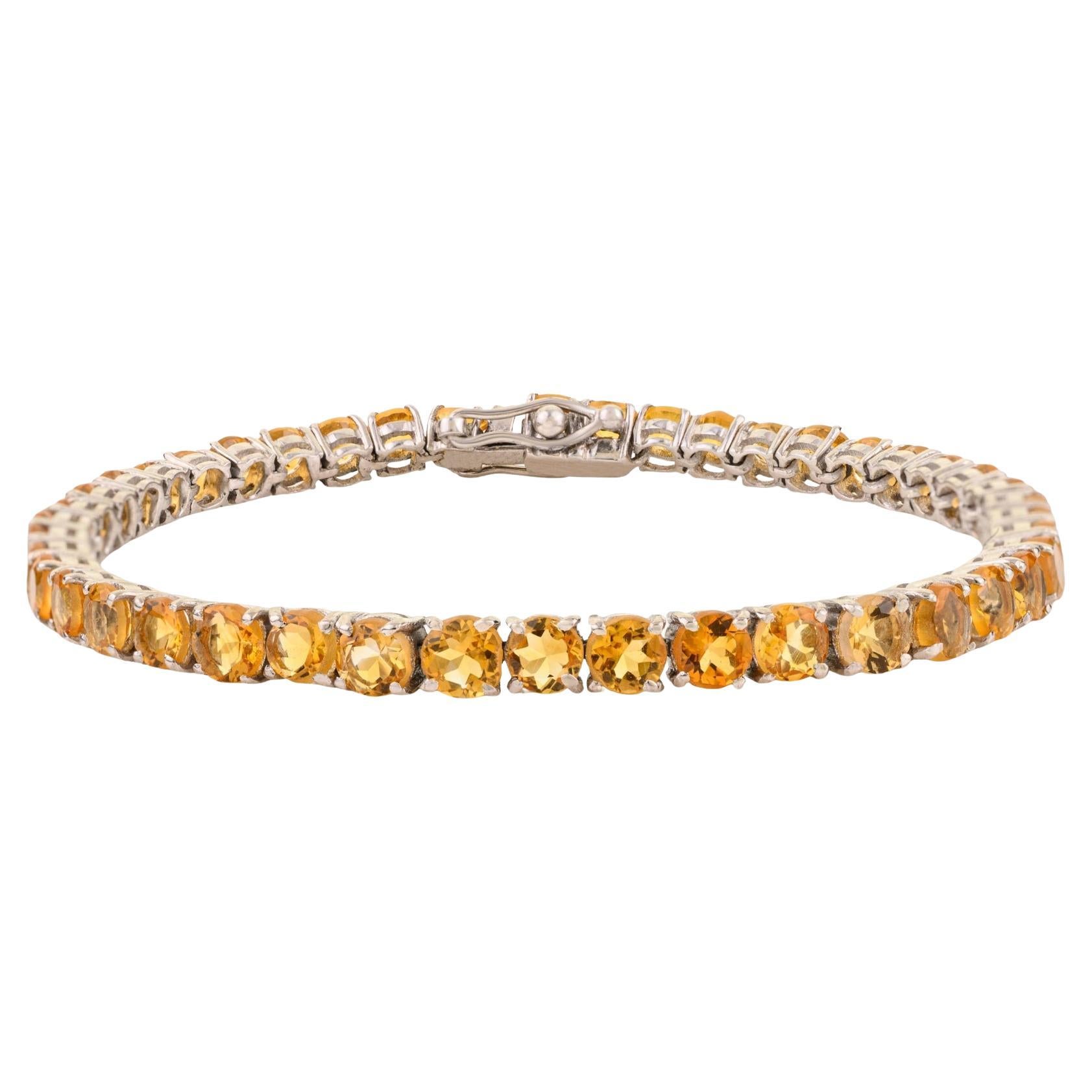 Silvorra Natural Citrine Gemstone Round-Cut Tennis Bracelet in 925 Solid Silver en vente