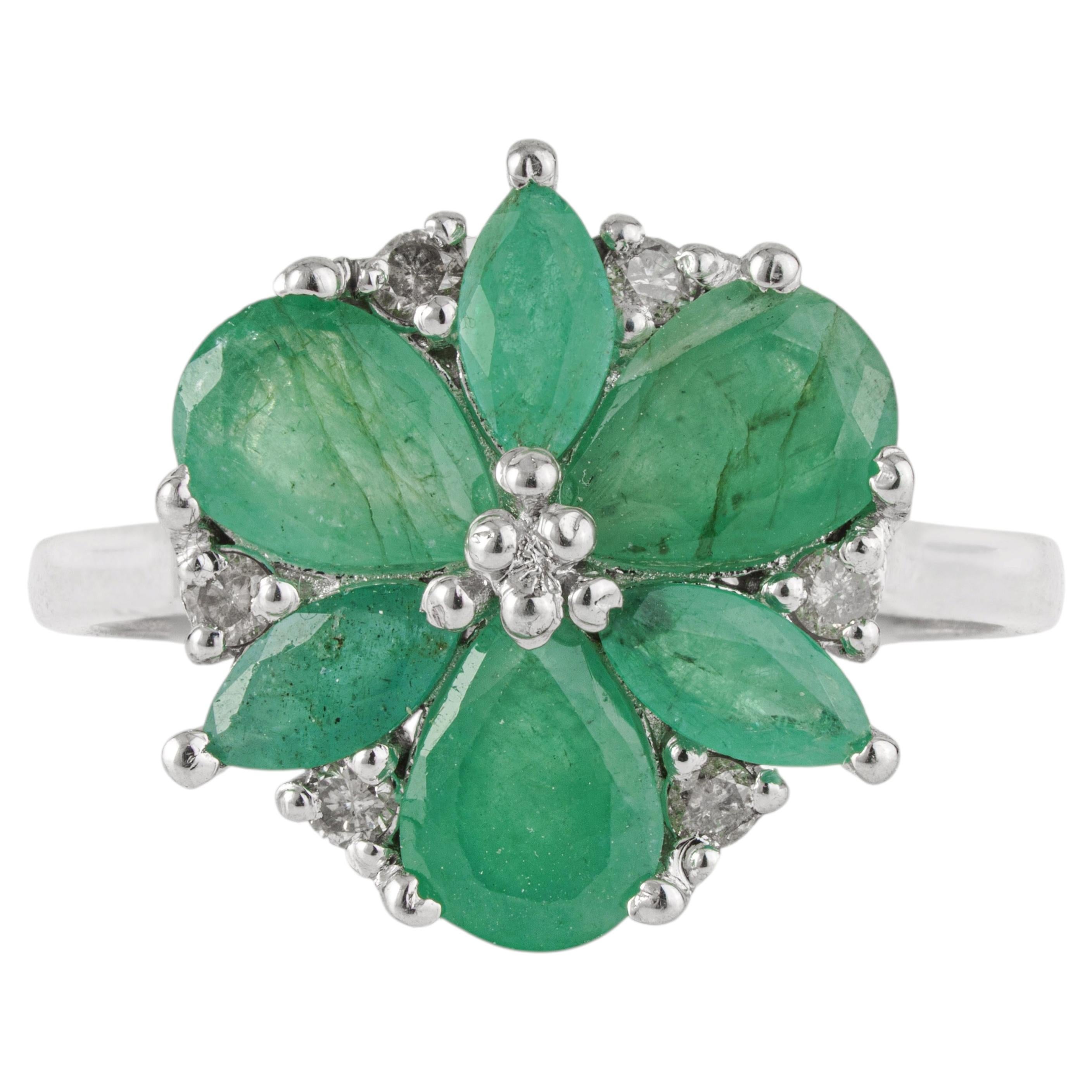 Silvorra Natural Emerald and Diamond Floral Cluster Cocktail Ring in 925 Silver