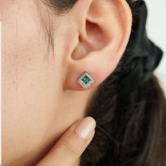 Silvorra Natural Emerald & Diamond Geometric Cluster Stud Earrings in 925 Silver