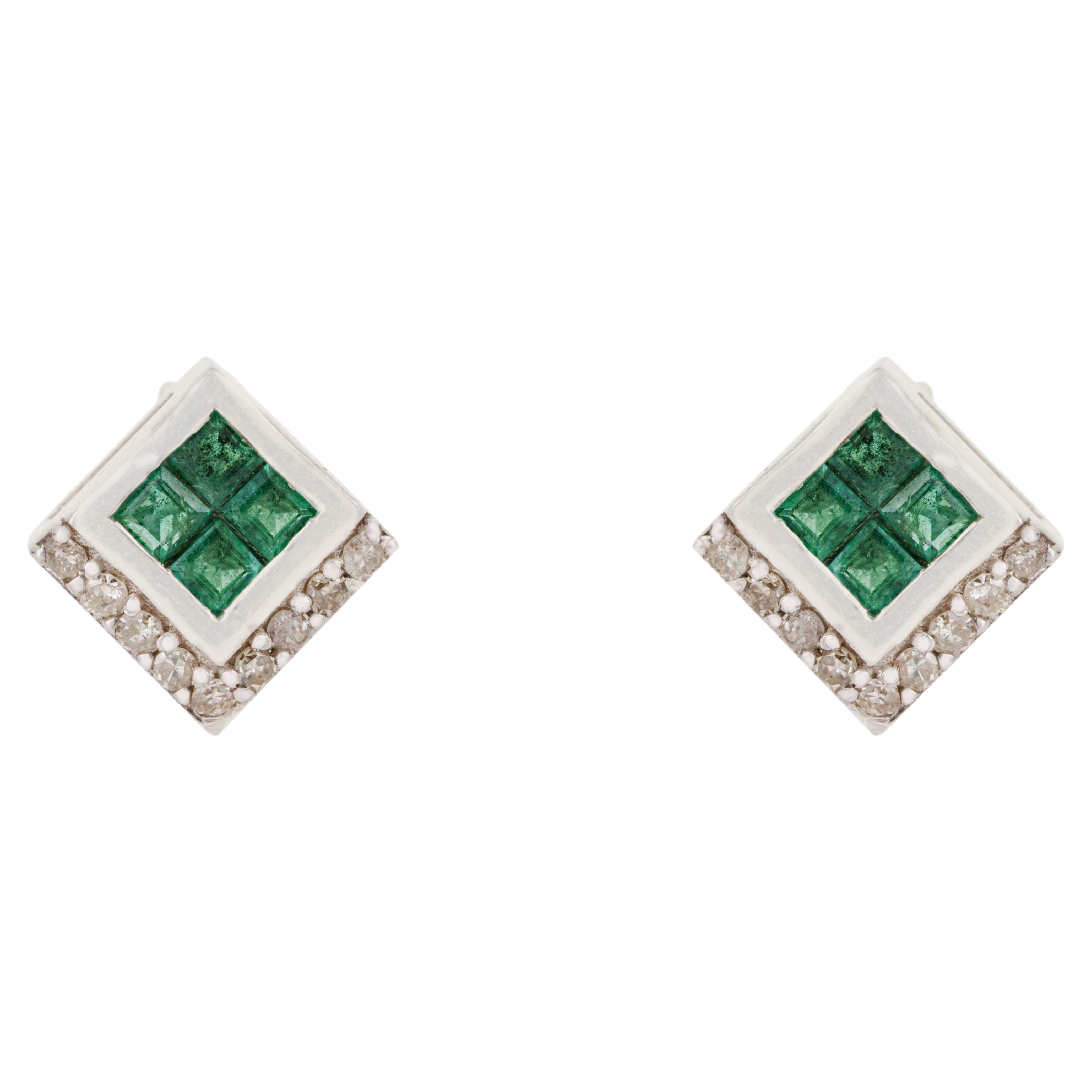Silvorra Pendientes de plata 925 con esmeralda natural y diamante en racimo geométrico
