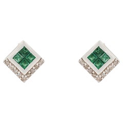 Silvorra Natural Emerald & Diamond Geometric Cluster Stud Earrings in 925 Silver