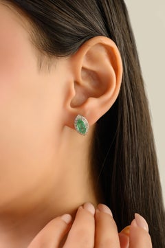 Silvorra Natural Emerald Marquise Silver Stud Earrings in Halo Diamonds for Her