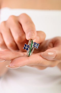 Silvorra Natural Emerald Silver Band Ring in Sapphire Floral Clusters & Diamonds