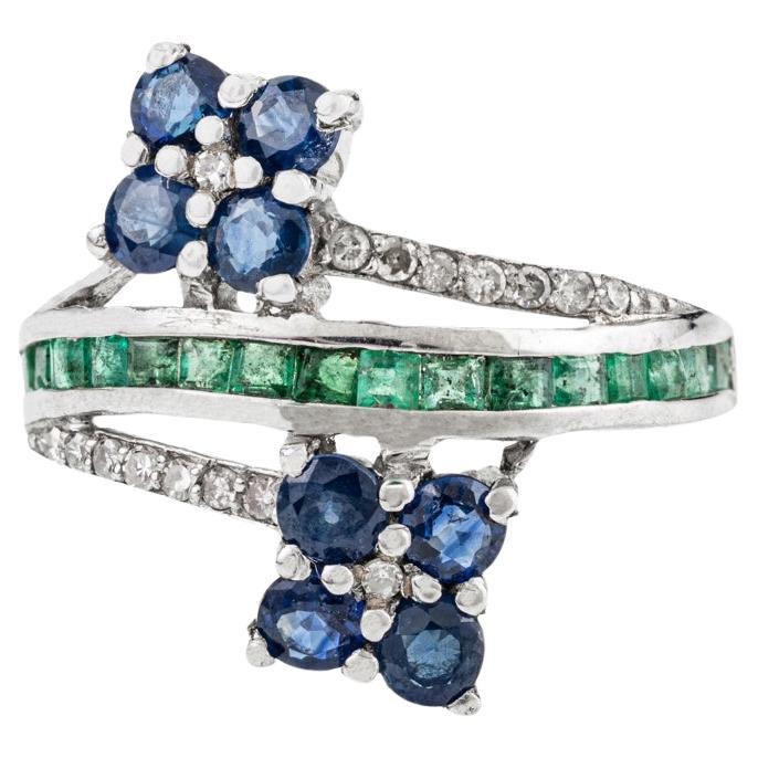Silvorra Natural Emerald Silver Band Ring in Sapphire Floral Clusters 
Diamonds