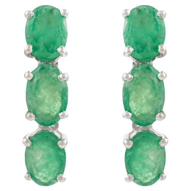 Silvorra Natural Emerald Three-Stone Linear Silver Earrings for Grilfriend Gift For Sale