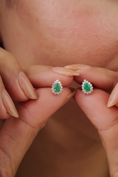 Silvorra Natural Pear Emerald & Diamond Halo Stud Earrings in 925 Silver Setting
