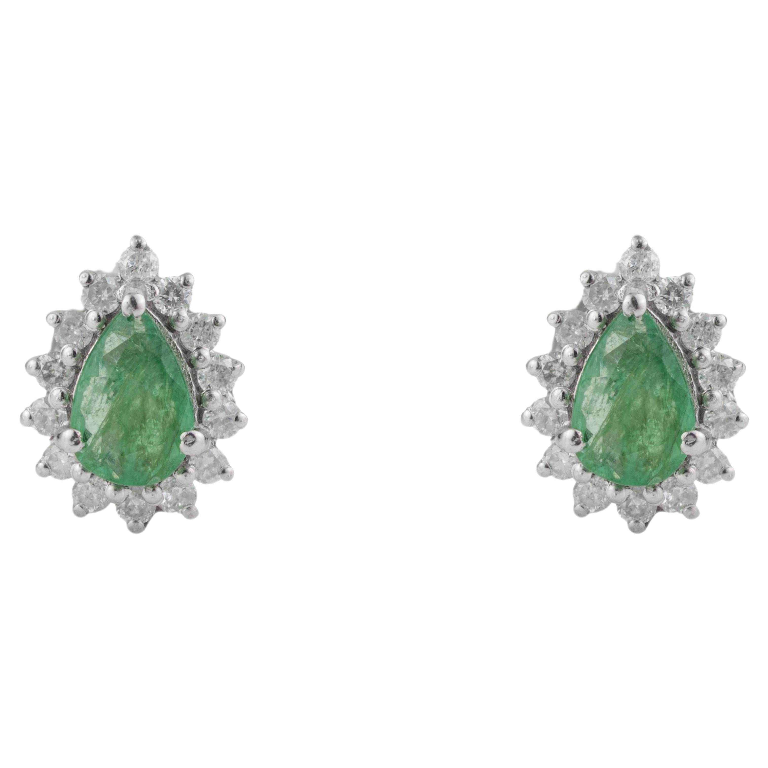 Silvorra Natural Pear Emerald & Diamond Halo Stud Earrings in 925 Silver Setting