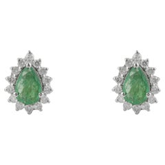 Silvorra Natural Pear Emerald & Diamond Halo Stud Earrings in 925 Silver Setting