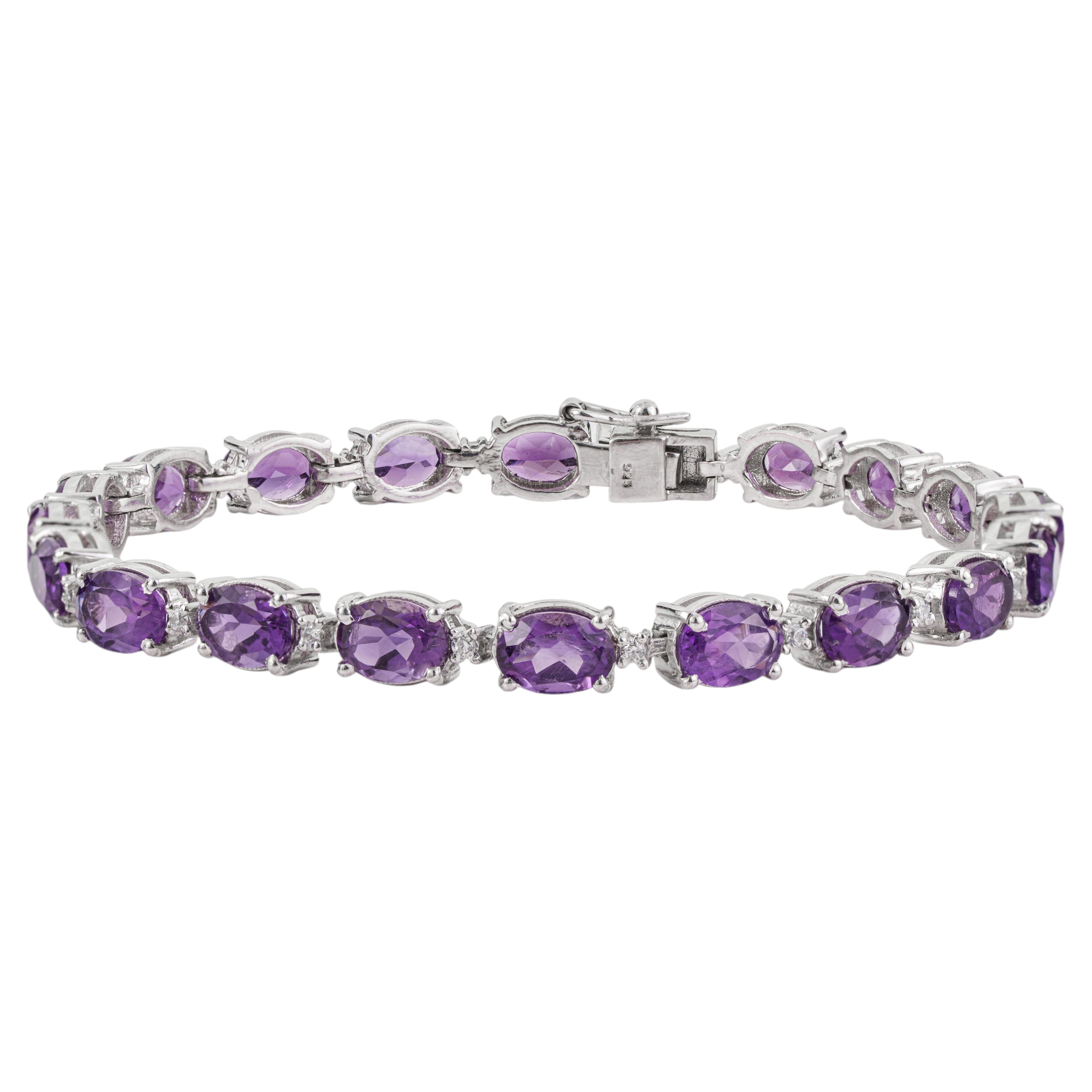 Silvorra Natural Purple Amethyst & Dainty Diamond Tennis Bracelet in 925 Silver For Sale