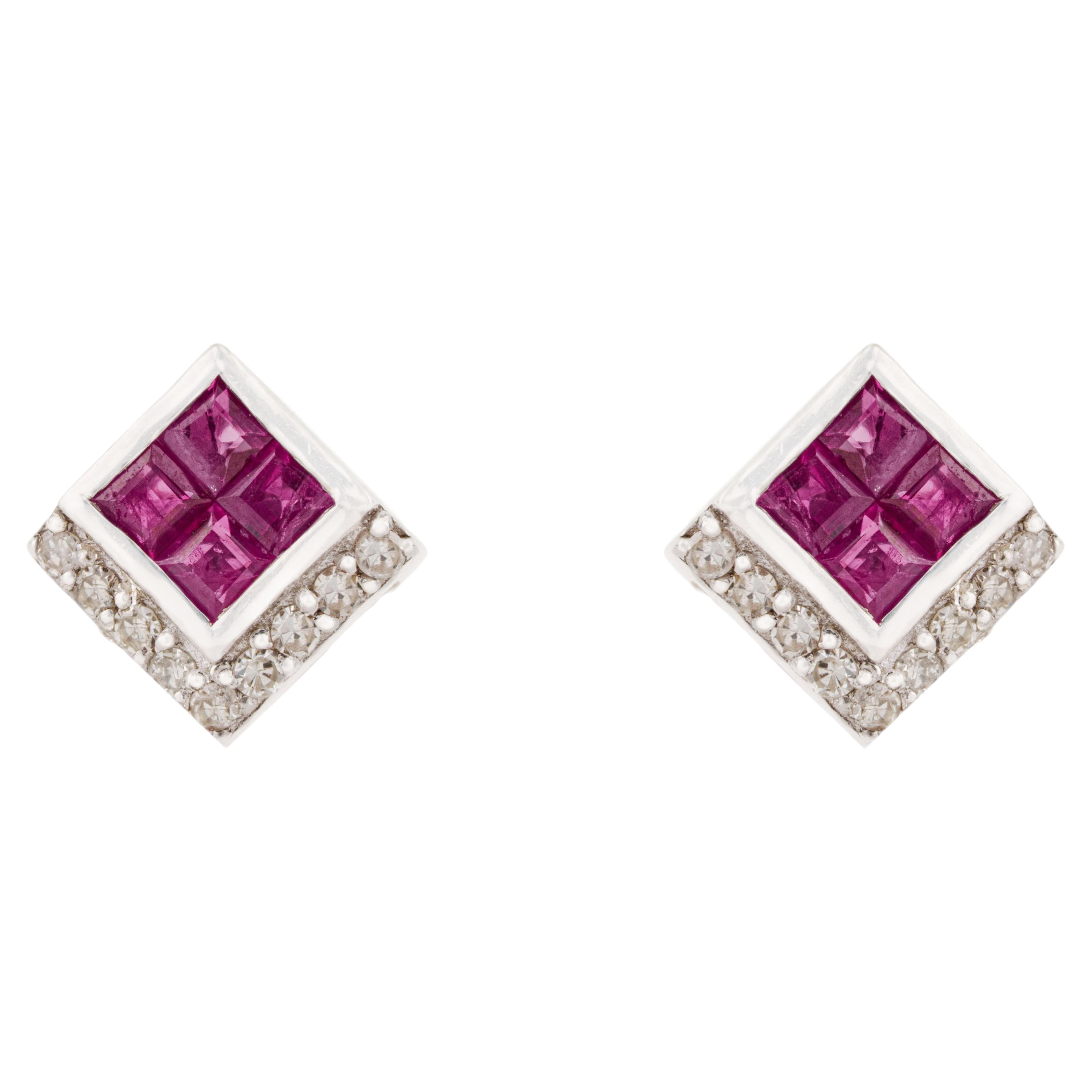 Silvorra Natural Ruby & Diamond Art Deco Inspired Stud Earrings Sterling Silver