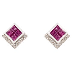 Silvorra Natural Ruby & Diamond Art Deco Inspired Stud Earrings Sterling Silver