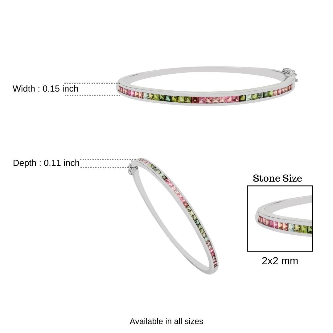 Silvorra Natural Square Cut Multi Tourmaline Sleek Cuff Silver Bangle Bracelet For Sale 5