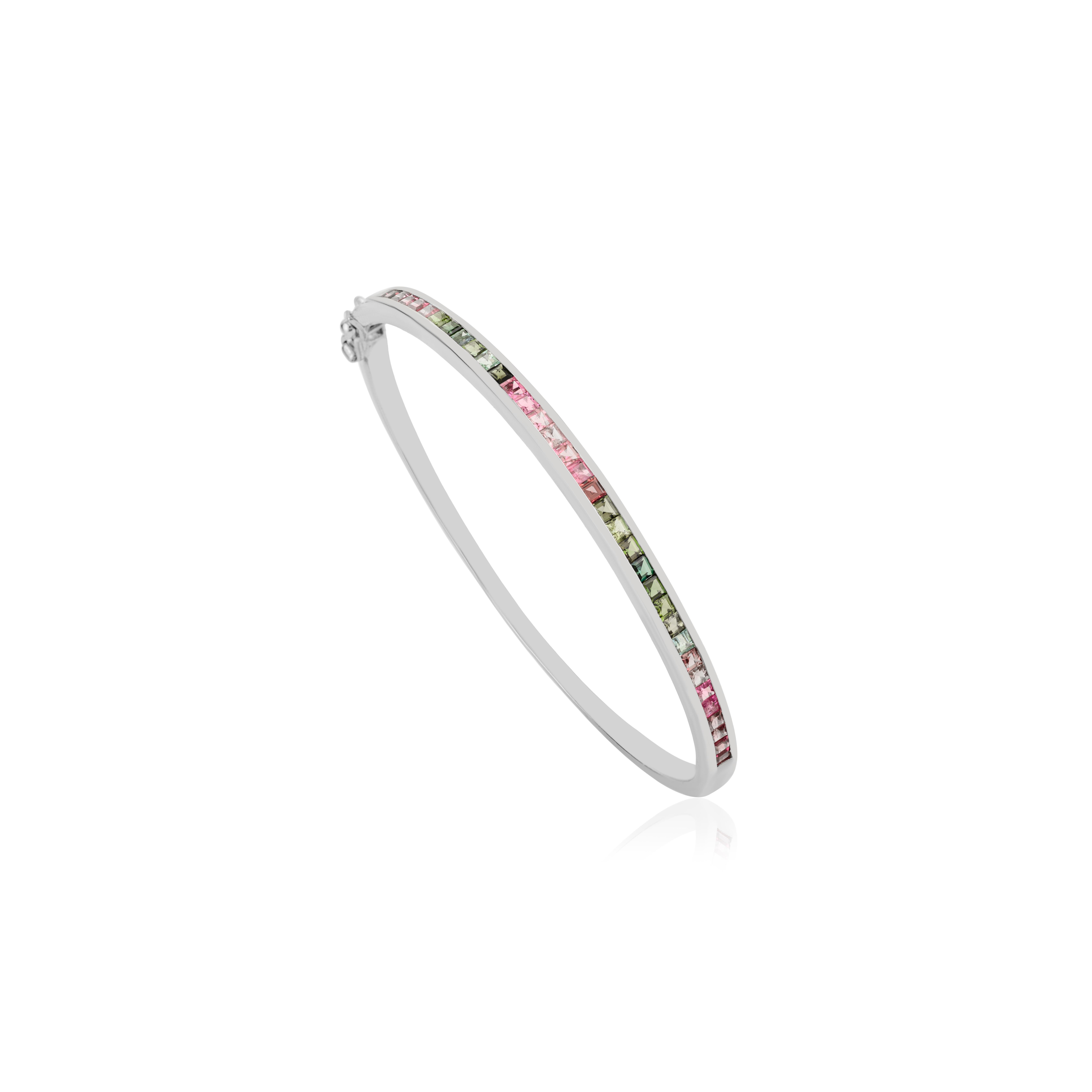 Contemporary Silvorra Natural Square Cut Multi Tourmaline Sleek Cuff Silver Bangle Bracelet For Sale