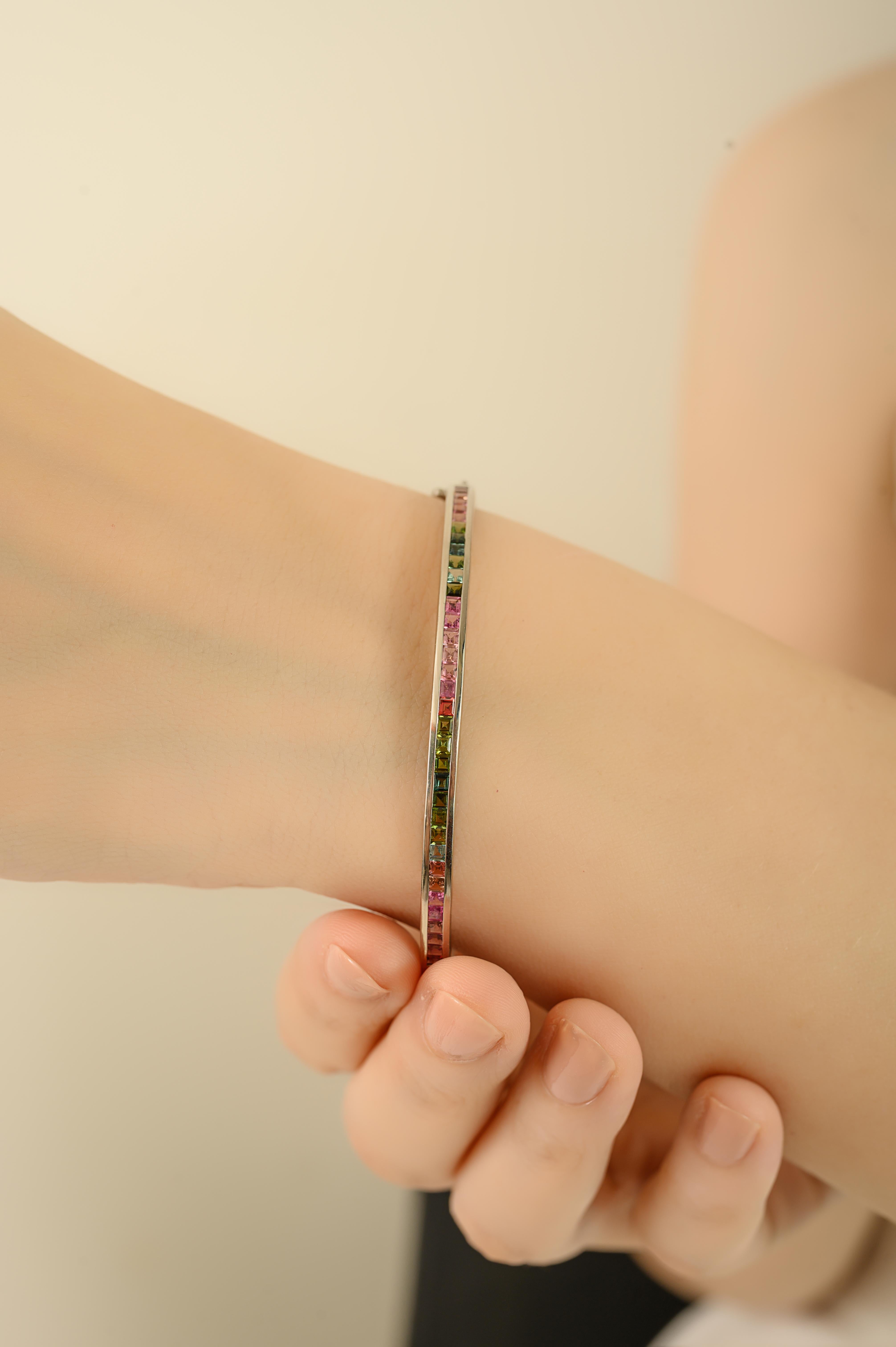 Silvorra Natural Square Cut Multi Tourmaline Sleek Cuff Silver Bangle Bracelet In New Condition For Sale In New York, NY