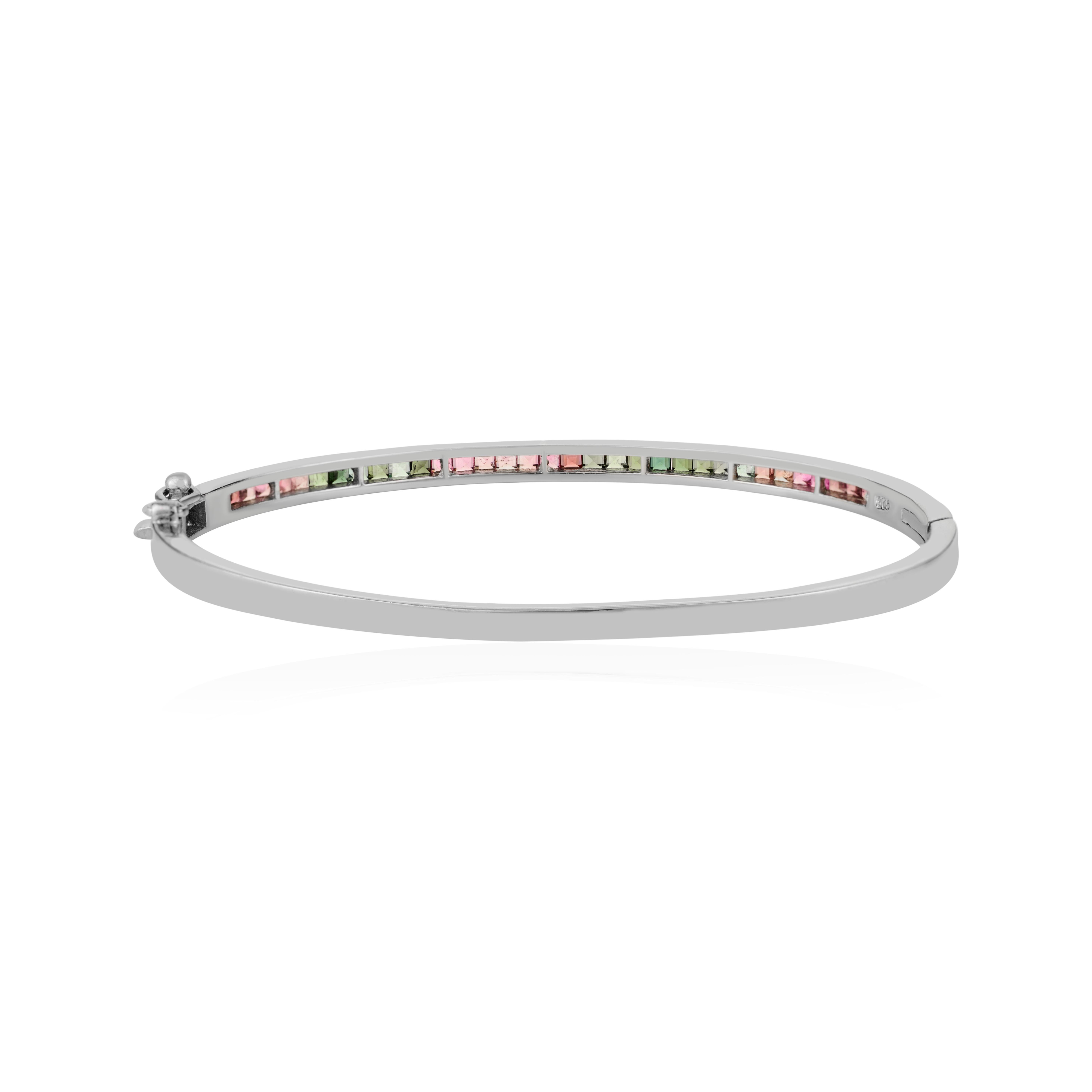 Silvorra Natural Square Cut Multi Tourmaline Sleek Cuff Silver Bangle Bracelet For Sale 2