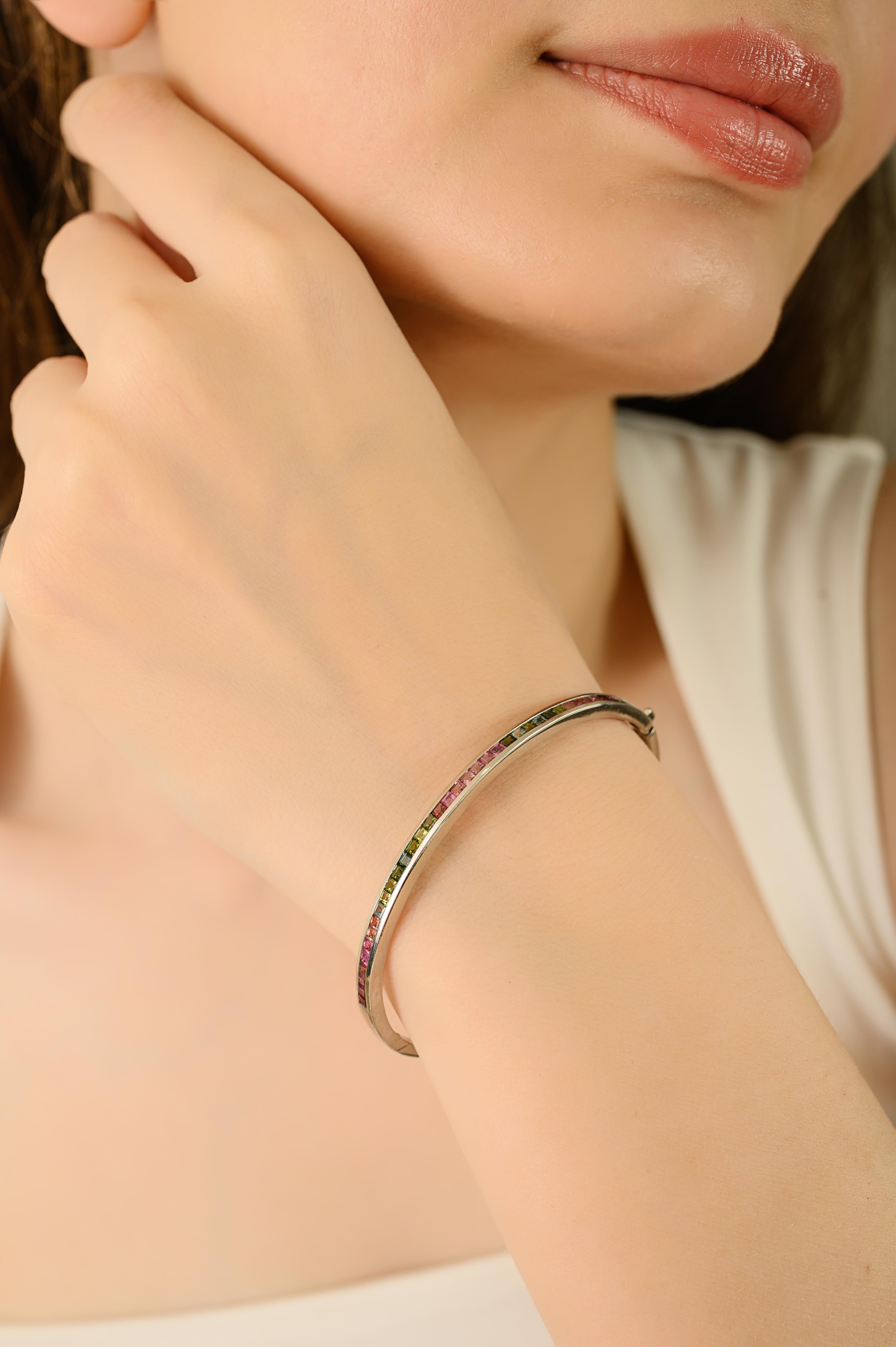 Silvorra Natural Square Cut Multi Tourmaline Sleek Cuff Silver Bangle Bracelet For Sale 3