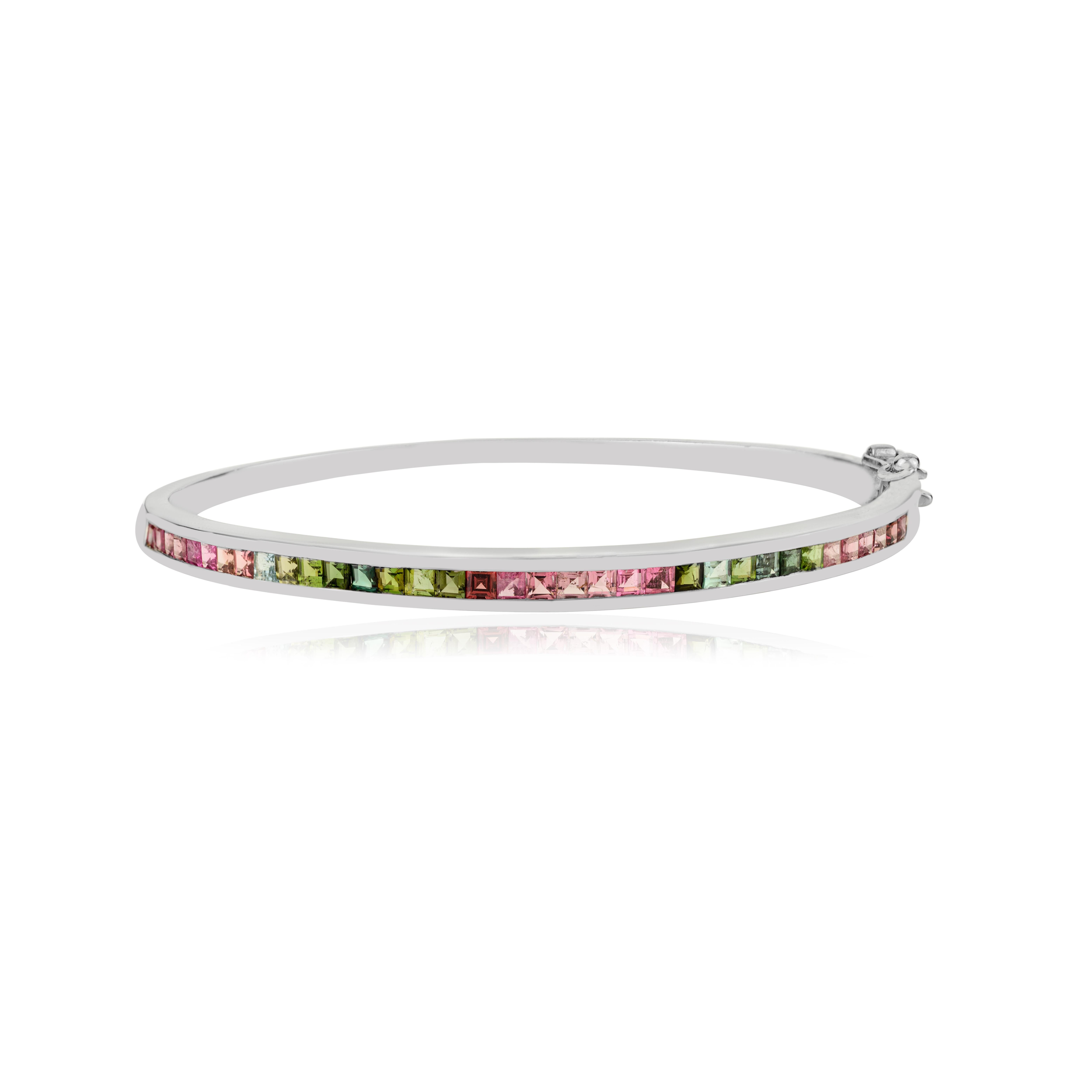 Silvorra Natural Square Cut Multi Tourmaline Sleek Cuff Silver Bangle Bracelet For Sale 4
