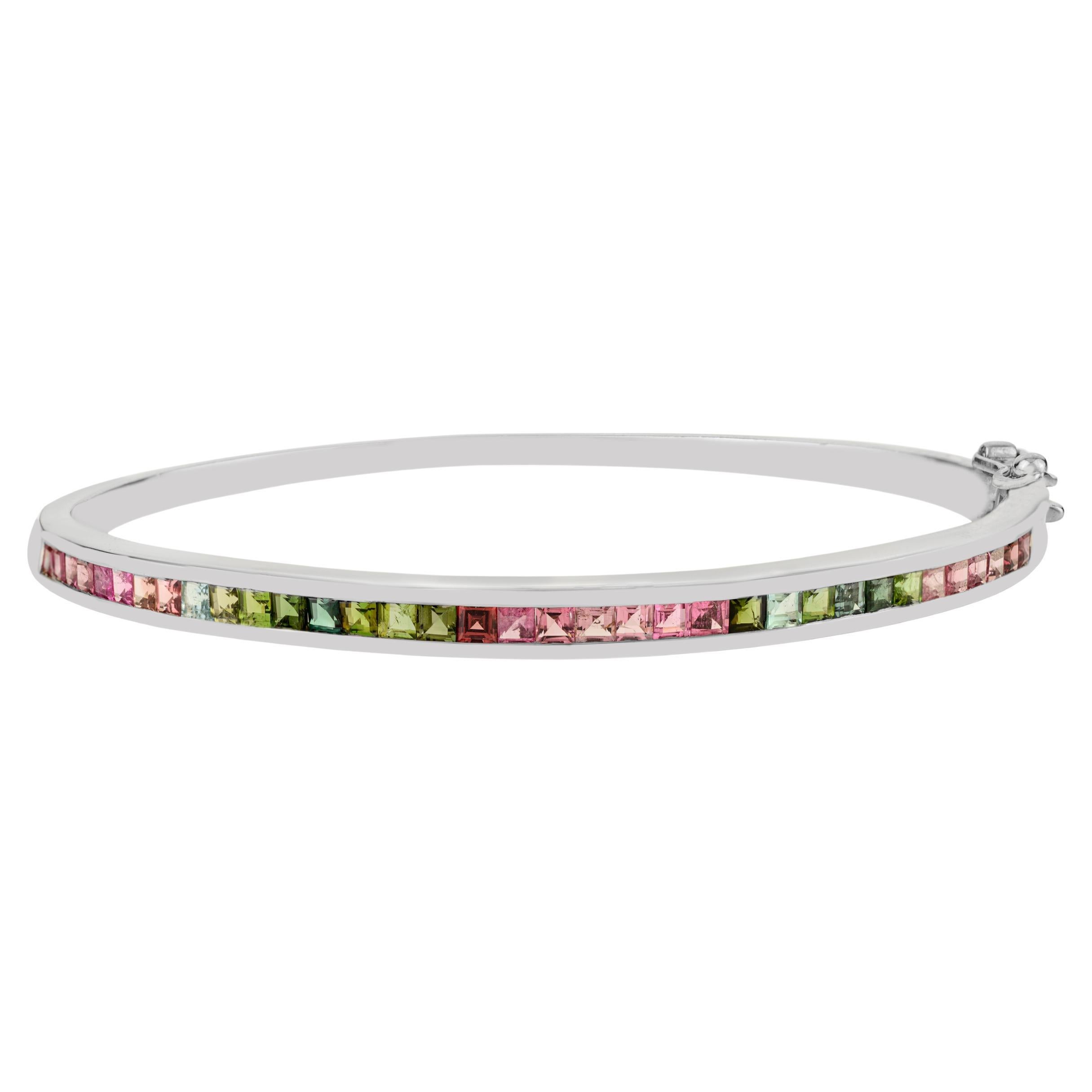 Silvorra Natural Square Cut Multi Tourmaline Sleek Cuff Silver Bangle Bracelet For Sale