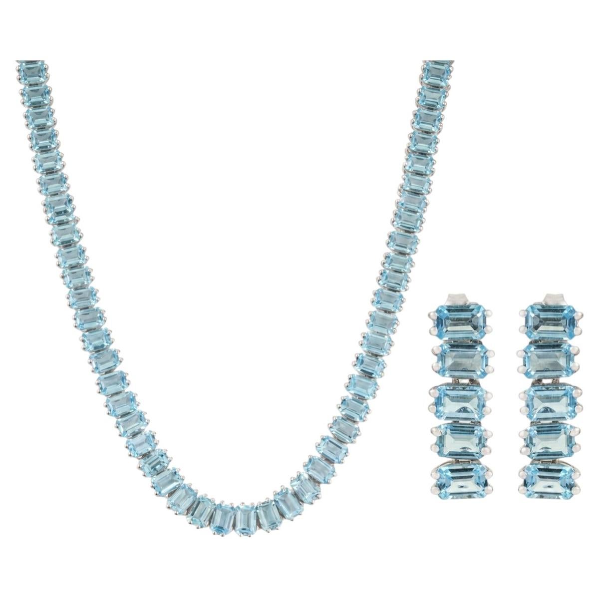Silvorra Octagon Cut Blue Topaz Tennis Necklace & Earrings Set in Solid Silver For Sale