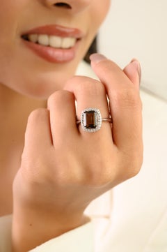 Silvorra Octagon Cut Smoky Topaz and Zircon Halo 925 Silver Cocktail Ring