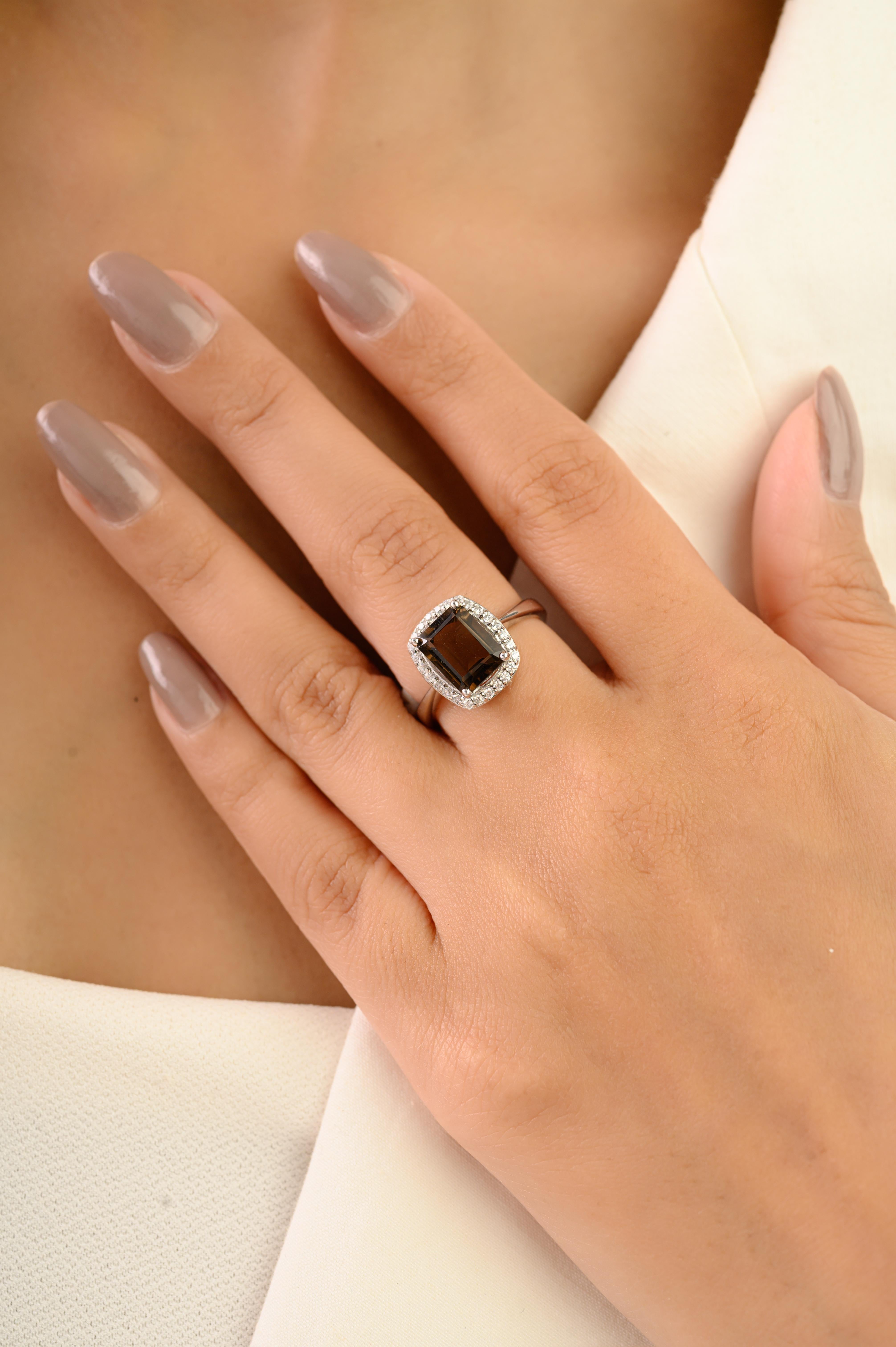 Im Angebot: Silvorra Oktogon Schliff Rauch Topas und Zirkon Halo 925 Silber Cocktail Ring () 4