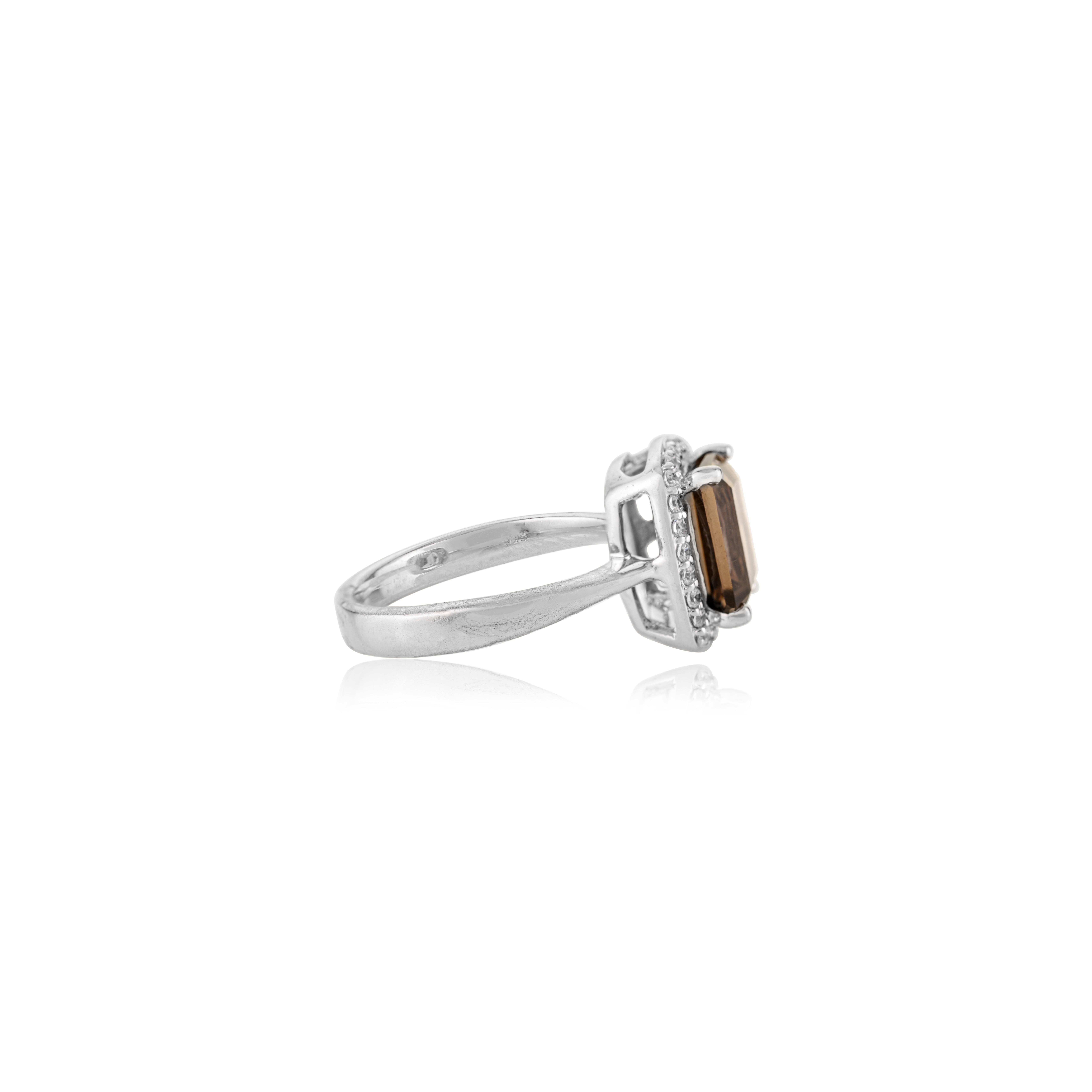 Im Angebot: Silvorra Oktogon Schliff Rauch Topas und Zirkon Halo 925 Silber Cocktail Ring () 5