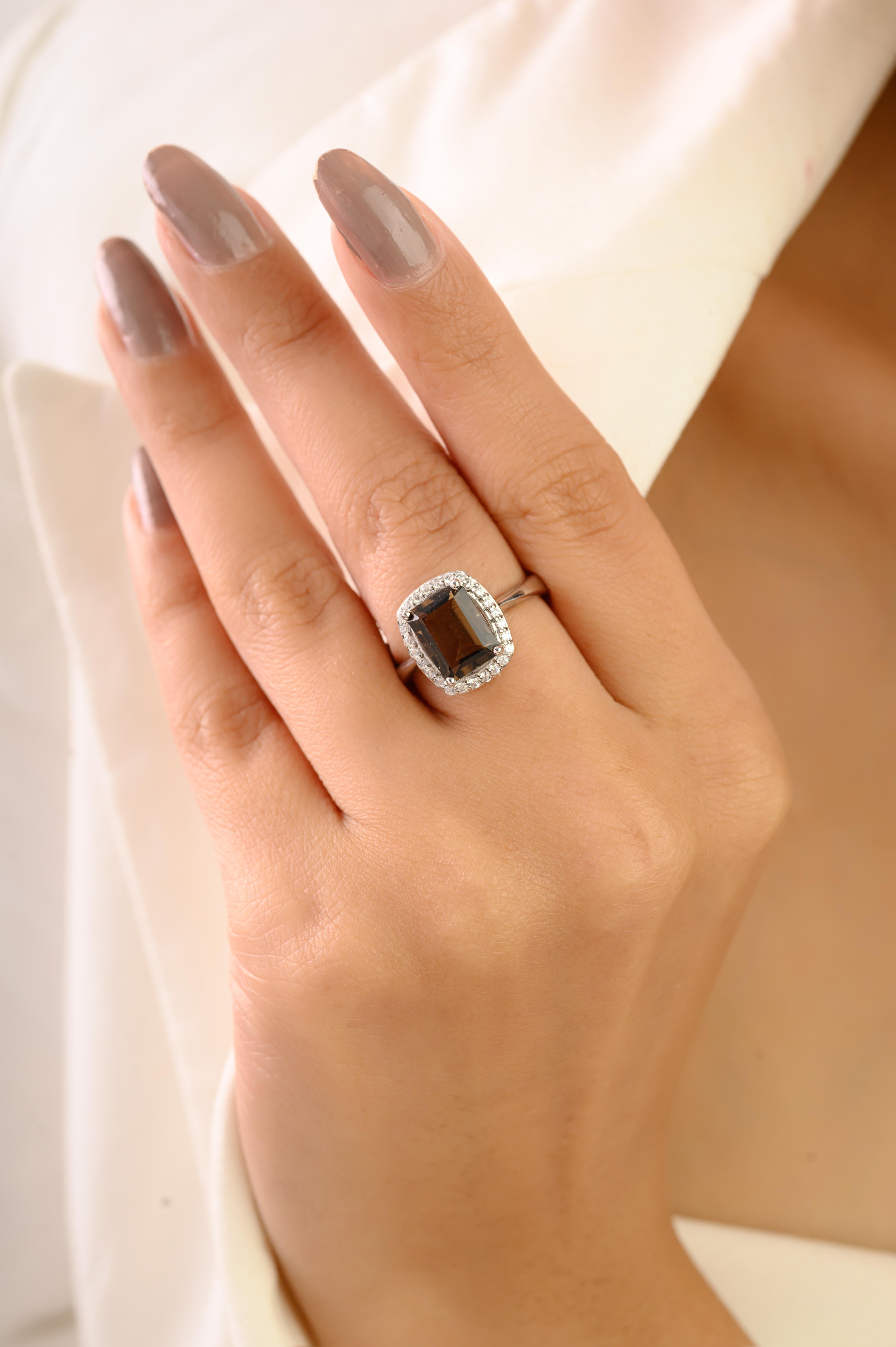 Im Angebot: Silvorra Oktogon Schliff Rauch Topas und Zirkon Halo 925 Silber Cocktail Ring () 6