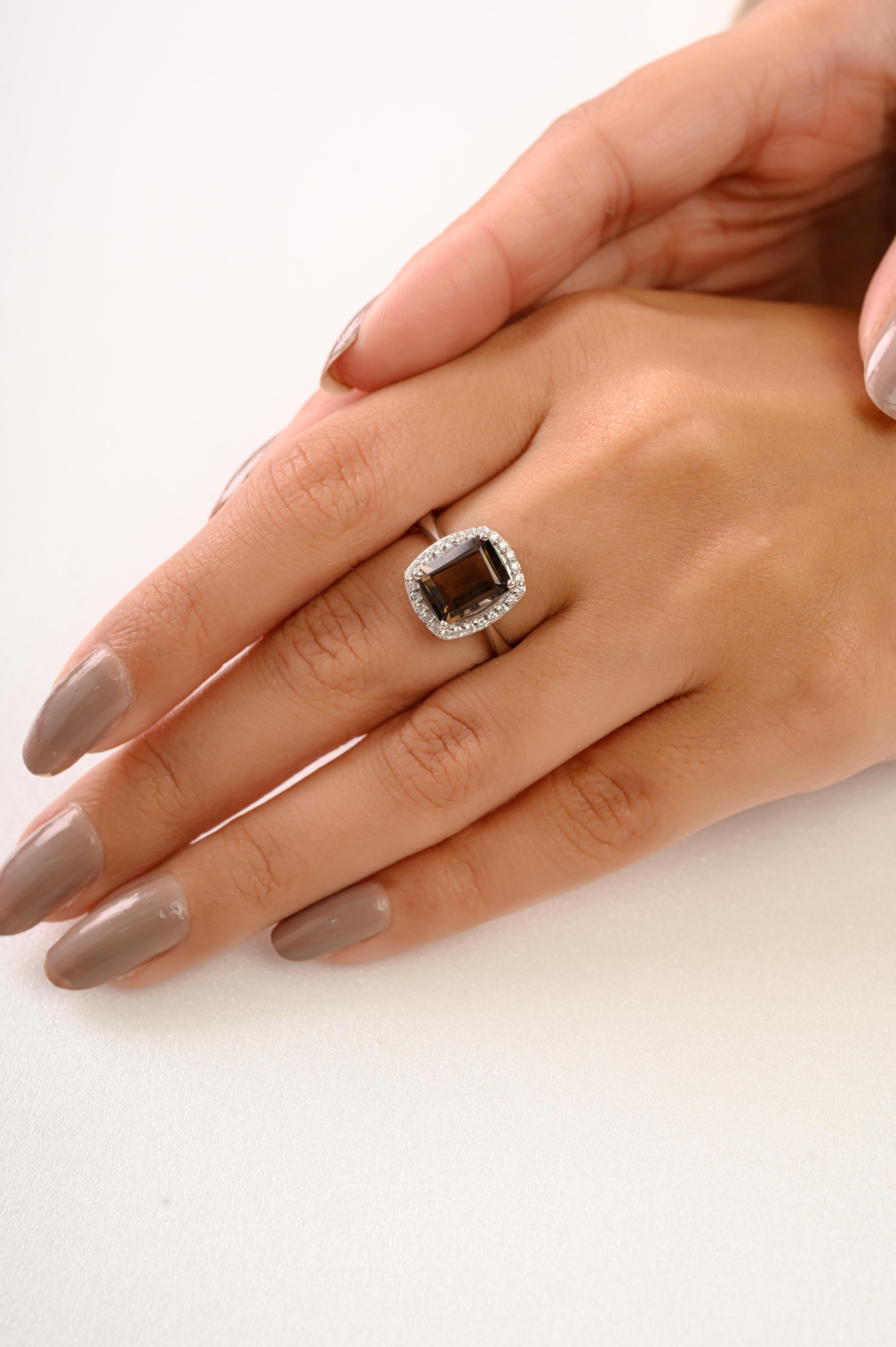 Im Angebot: Silvorra Oktogon Schliff Rauch Topas und Zirkon Halo 925 Silber Cocktail Ring () 8