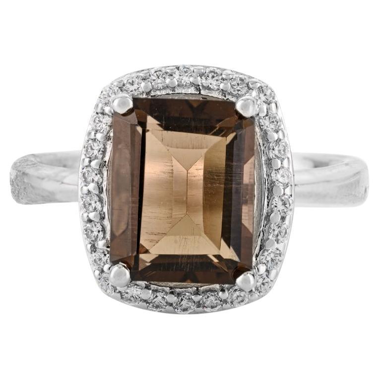 Im Angebot: Silvorra Oktogon Schliff Rauch Topas und Zirkon Halo 925 Silber Cocktail Ring ()